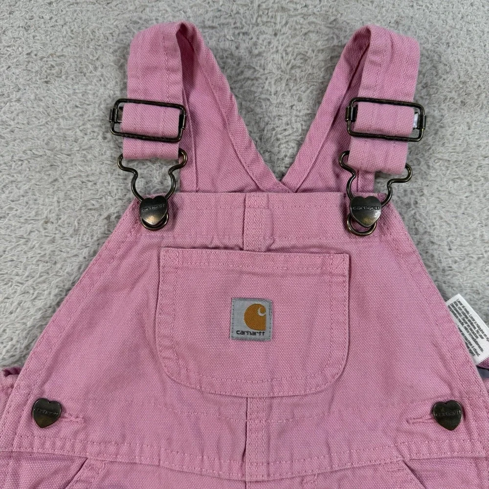 Carhartt Overalls Toddler Girls 12M Pink Heart Buttons Cotton Bibs OX9712